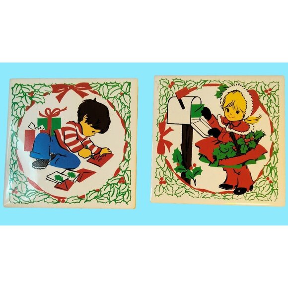 Ceramic Tile Little Girl Boy Sending Holiday Mail Vintage Christmas Trivet JASCO - Picture 1 of 7